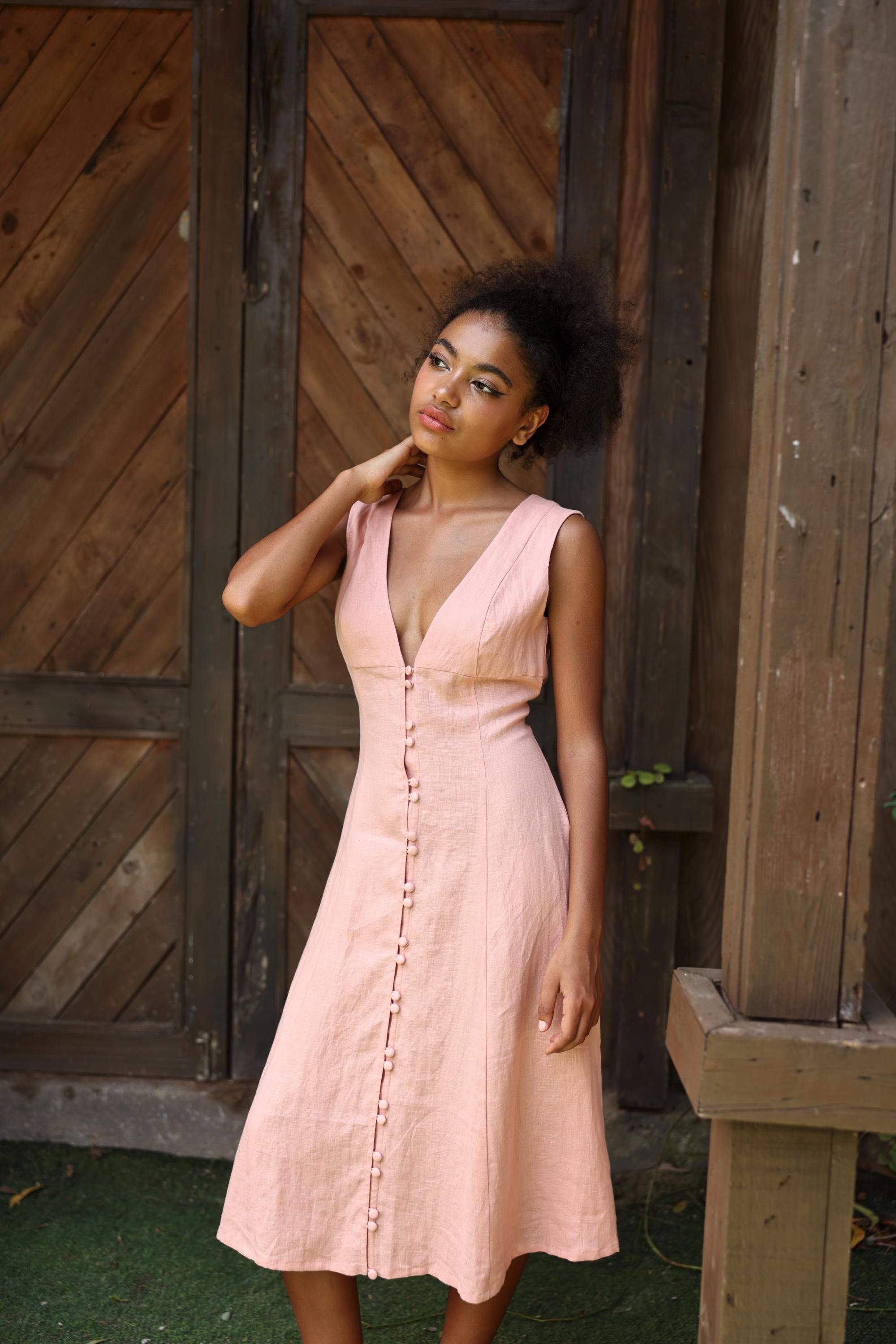Sleeveless V-neck Midi Linen Dress AYLIN, Wedding guest dress, Custom fit