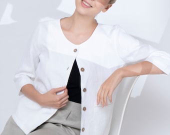Cropped Linen Jacket LELA, White Linen Jacket Women with Buttons, Linen Jacket Petite, Minimalist Linen Blazer, Linen Lightweight Coat