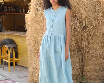 Casual linen summer dress LILY, Loose pleated linen dress, Summer linen dress, Linen dress sleeveless, Linen midi dress, Front buttons dress