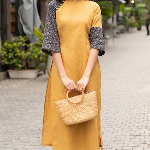 Yellow linen modern ao dai, Springluc ao dai linen, Ao dai women with pants, Modern Vietnamese dress, Custom size ao dai, Ao dai tet LA-W11