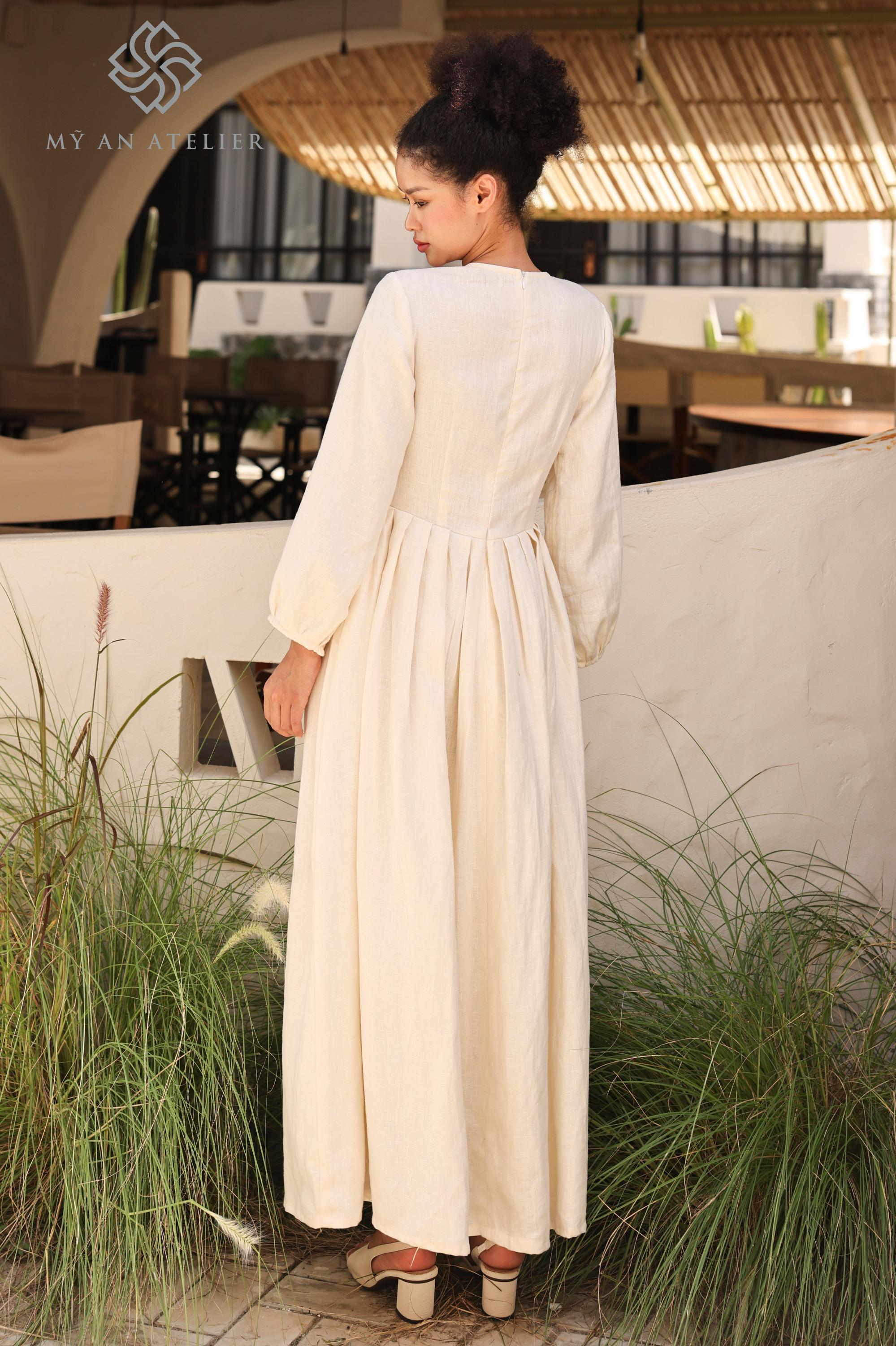 Lace-up V-neck Maxi Linen Dress ESTELLE, Wedding Guest Dress