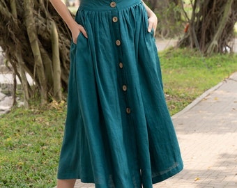Jupe ronde en lin turquoise foncé, jupe longue, jupe boutonnée sur le devant, jupe en lin oversize avec fermeture à bouton, jupe en lin avec poches