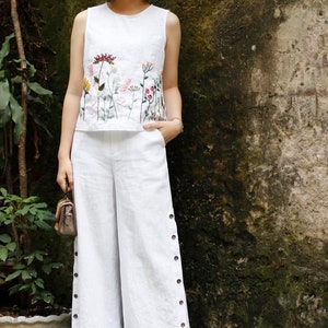 Linen top and pants YARA in 60 colors, Hand embroidered linen top for women, Two piece linen set, Linen set women clothing, Tailor linen set