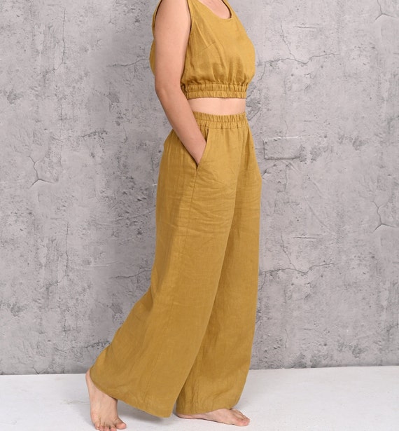 【ANGLAN】Linen Belt Wide Pants CIDER Solid Linen Blend Belted Wide Leg Pants: Beige, M at