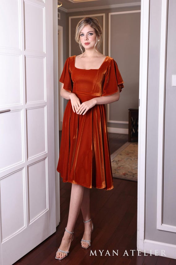 Velvet flutter sleeve SOREA, Evening Velvet gown, Rust bridesmaid dress, Velvet dress women, Party dress, Custom dress, Square neck dress Velvet flutter sleeve SOREA, Evening Velvet gown, Rust bridesmaid dress, Velvet dress women, Party dress, Custom dress, Square neck dress