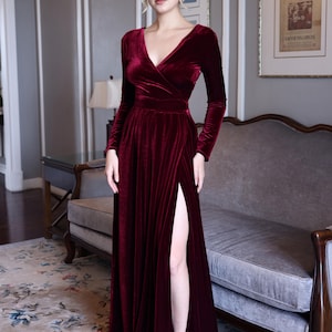 V-neck velvet dress MYRA, Long sleeve wine velvet dress, Bridesmaid dress, Wedding guest dress, Velvet dress women, Custom dress, Long dress