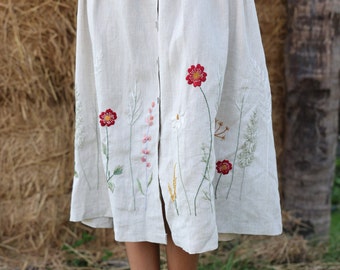 Unique hand embroidered skirt MIA, Linen circle skirt, Linen pleated skirt, Embroidered clothing, Vintage midi skirt, Button down skirt