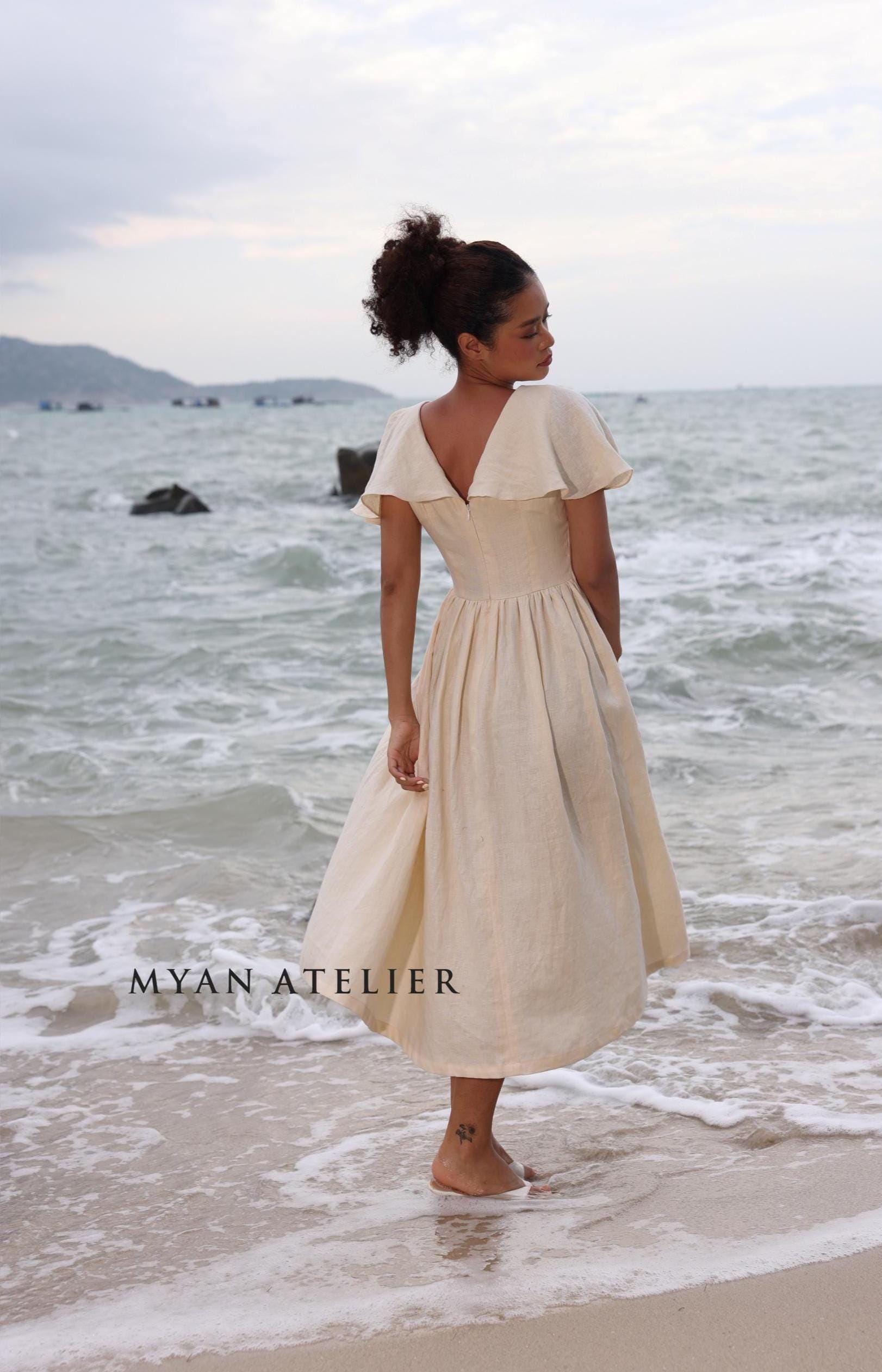 flutter sleeve beach dress Flutter Sleeve V-back Linen Dress ARA, Wedding guest dress, Custom fit
