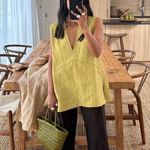 V neck linen vest BOHO, Chartreuse linen top, Custom fit