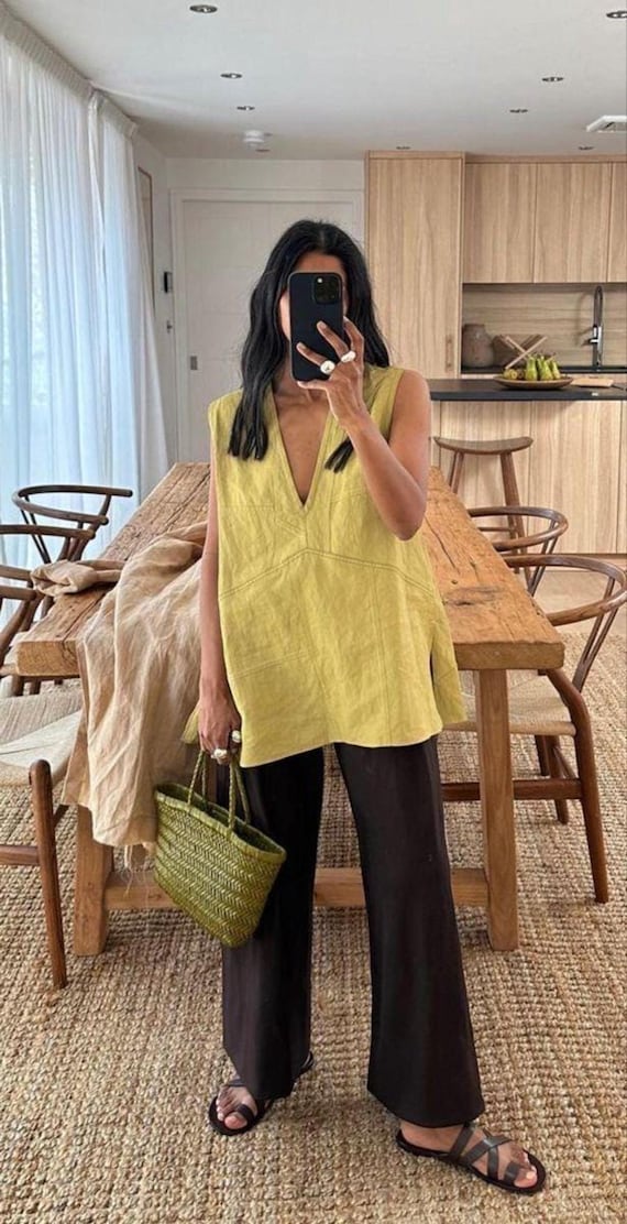V neck linen vest BOHO, Chartreuse linen top, Custom fit