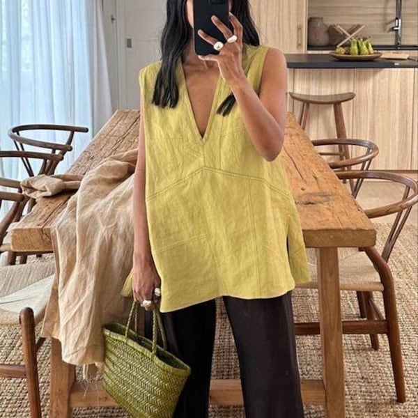 V neck linen vest BOHO, Chartreuse linen top, Custom fit