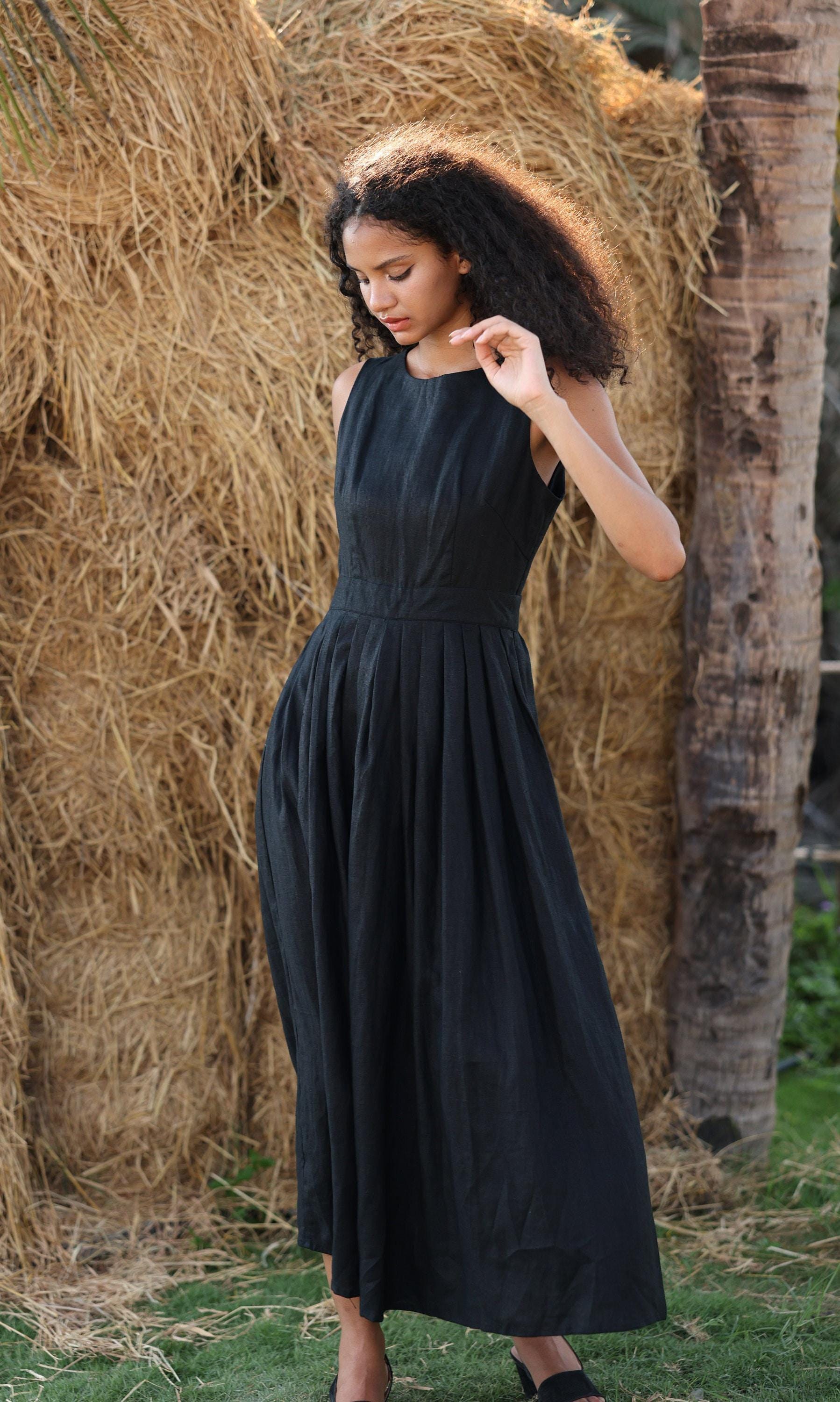 black linen dress sleeveless Linen sleeveless pleated maxi Linen dress
