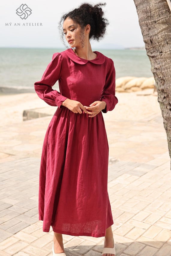 Peter Pan Collar Long Sleeves Linen Dress BECCA, Wedding guest dress, Custom fit Peter Pan Collar Long Sleeves Linen Dress BECCA, Wedding guest dress, Custom fit