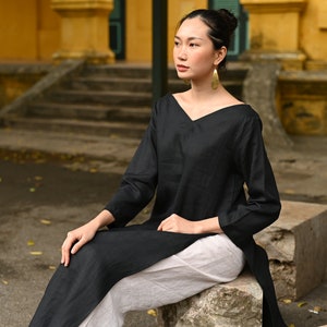 Leinenkleid aus Vietnam, Leinenkleid modern, Lockeres Ao Dai, V-Ausschnitt Ao Dai, Ao Dai Plus Size, Ao Dai Damen mit Hose, Custom Ao Dai LA-W20
