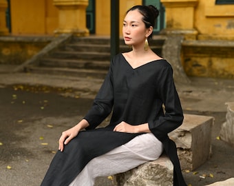 Casual modern ao dai for women, Linen ao dai, Loose ao dai, V-neck ao dai, Ao dai plus size, Vienamese ao dai tunic dress, Ao dai with pants