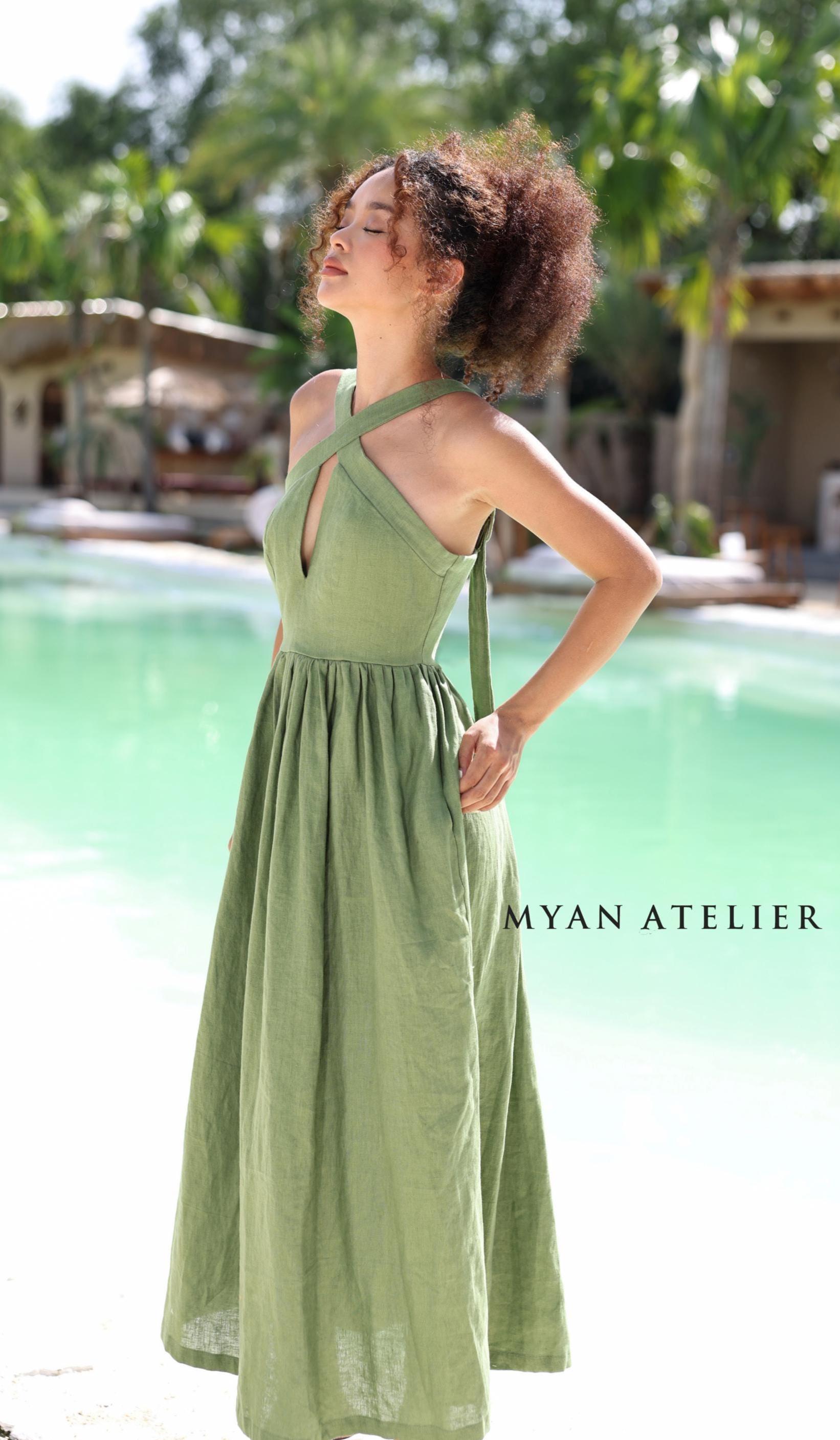 knee length dresses for ladies Miss Circle Women Magda Mint Green Deep V Neck Halter A-Line Midi Dress main image 0