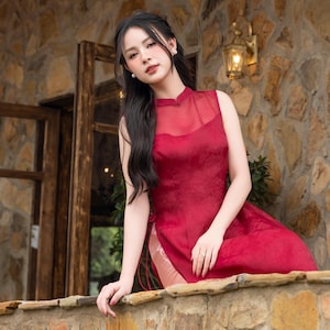 2-layer mulberry silk ao dai wedding, Sleeveless ao dai, Ao dai women modern, Vietnamese dress with pants, Plus size Vietnamese dress AS66