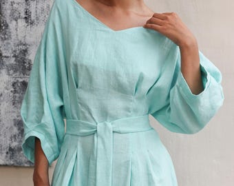 3/4 Sleeves V-Neck Belted Midi Linen Dress JULIEN, Wedding guest dress, Custom fit