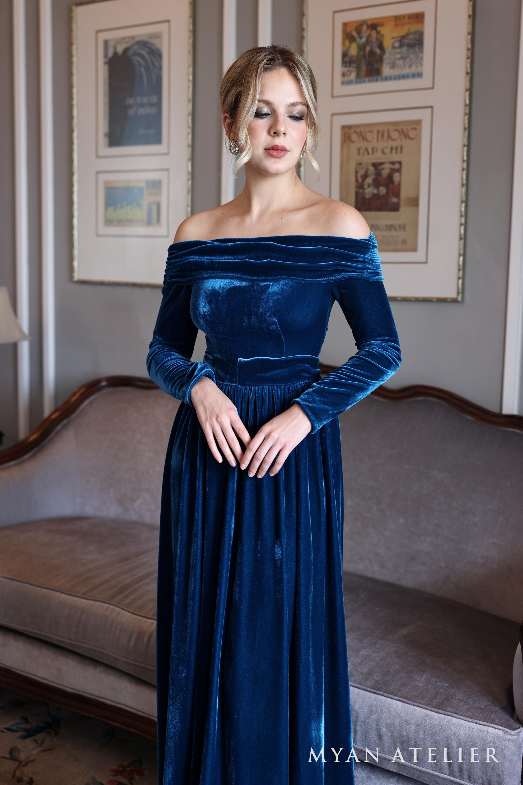 blue dress for baby girl Classic A-Line V-Neck Floor Length Pleated Velvet Bridesmaid Dress with  Bell Sleeves COCOMELODY CB0367 main image 1