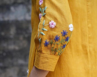 Hand Embroidered Crew Neck Linen Dress DARIA, Wedding Guest Dress, Custom fit