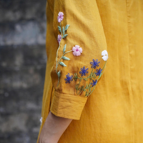 Hand Embroidered Crew Neck Linen Dress DARIA, Wedding Guest Dress