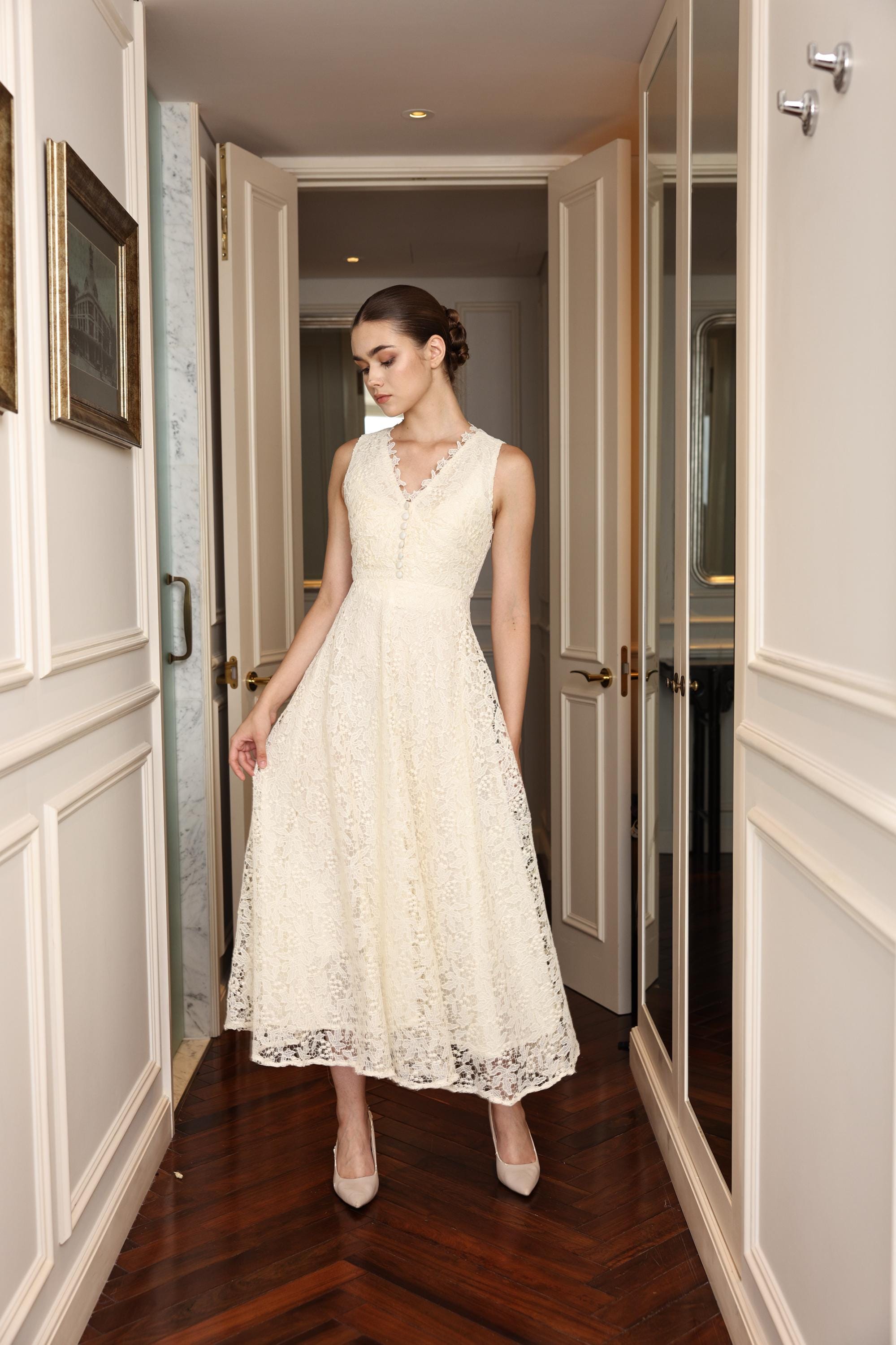 Sleeveless Lace Dress JUNIE, Ivory V-neck Dress, Lace Tea Length Dress, Bridal Shower Dress, Lace Dress for Wedding Guest, Custom Dress - Etsy Australia Sleeveless Lace Dress JUNIE, Ivory V-neck Dress, Lace Tea Length Dress, Bridal Shower Dress, Lace Dress for Wedding Guest, Custom Dress - Etsy Australia