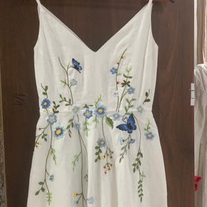 Hand-embroidered long dress for beach wedding CAILY, Unique V-neck linen wedding dress, Cami wedding dress with v-back, Bespoke bridal dress