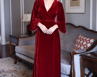 VANA / Vestido de noche de terciopelo / Escote en V cruzado / Mangas obispo / Hecho a medida