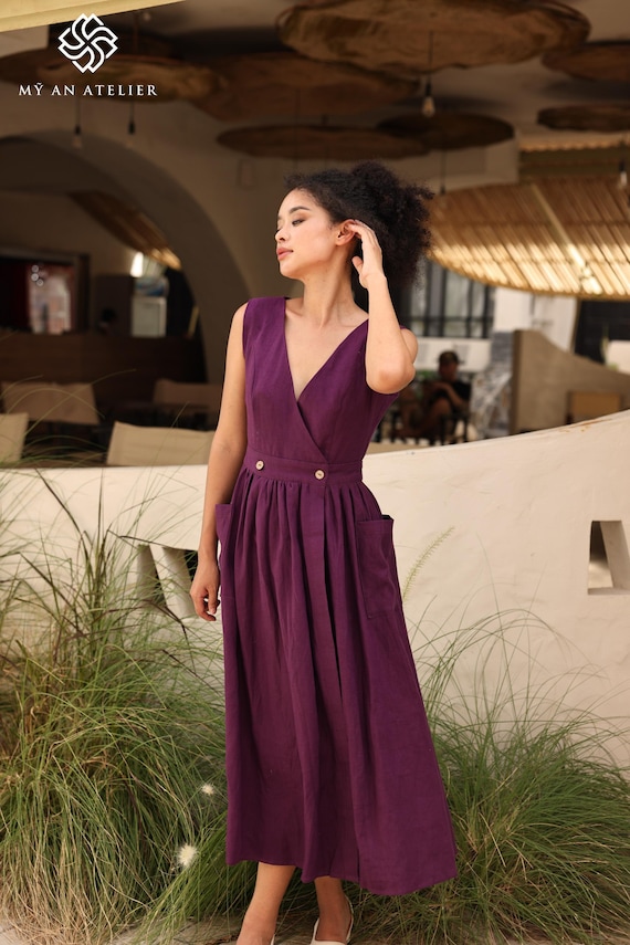 deep v neck linen dress Linen Fit & Flare Dress SICILY: Deep V Neck, Cup Sleeves, Handmade