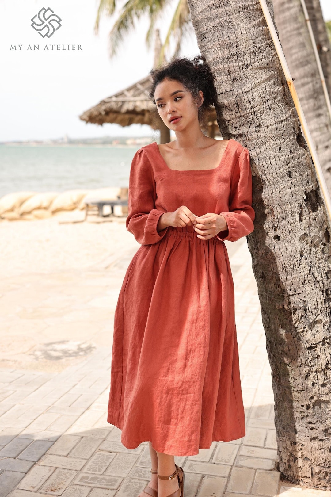 Square Puff Linen Long Dress