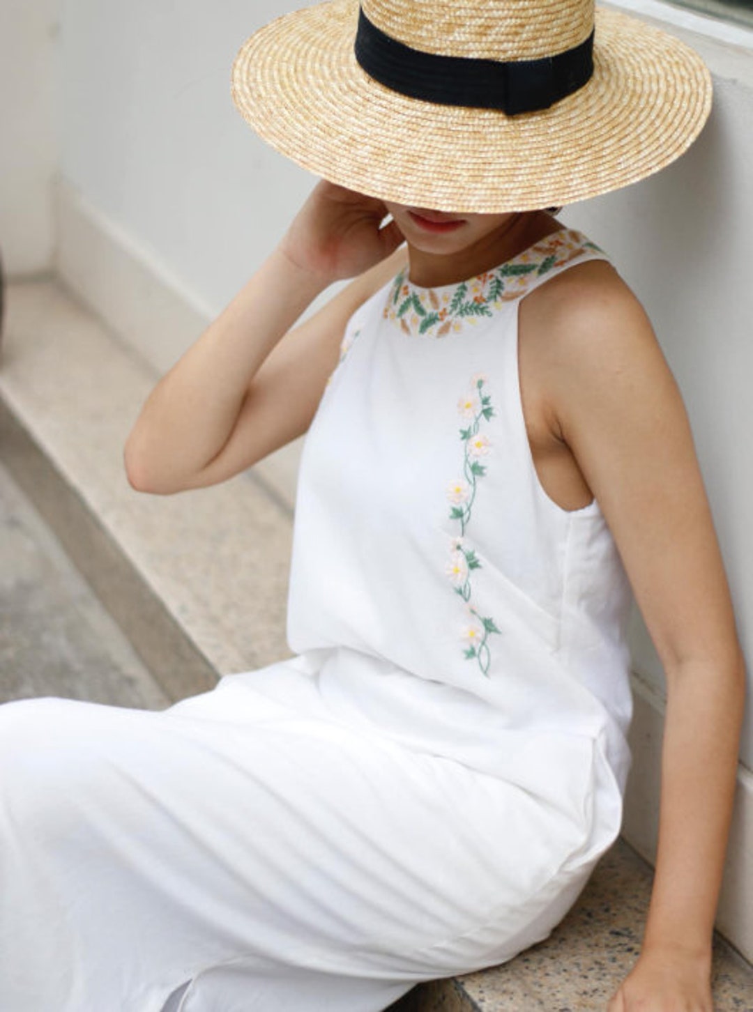 White Linen Maxi Dress, Handmade Embroidery Linen Dress, Halter Neck ...