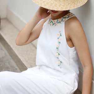 White linen maxi dress MARTA, Handmade embroidery linen dress, Halter neck linen dress, Tea length linen dress, Custom dress, Dress beach