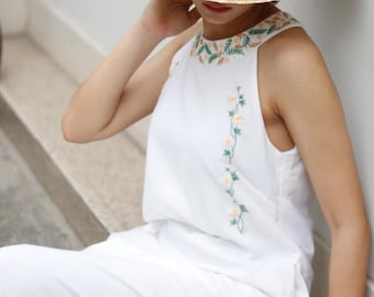 Hand Embroidered Halter Neck Linen Dress MARTA, Wedding Guest Dress, Custom fit