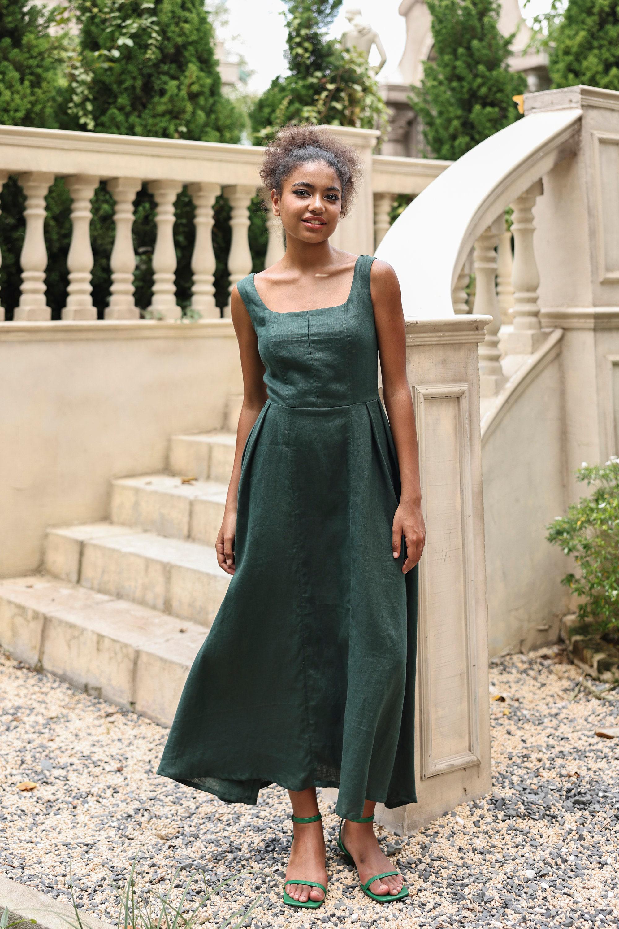 Sleeveless Smocked Back Linen Dress CASSIDY, Wedding guest dress, Custom fit