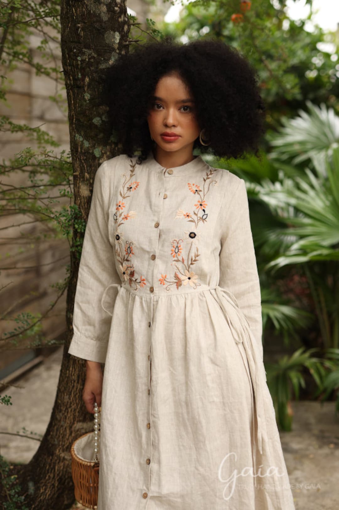 Hand Embroidered Crew Neck Linen Dress BASIA, Wedding Guest Dress, Custom fit