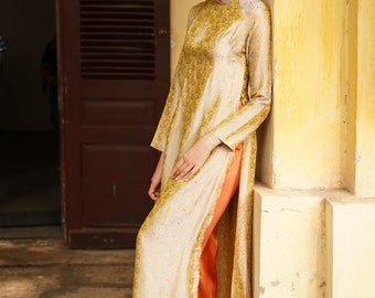 Golden silk ao dai women, Mulberry silk ao dai, Ao dai women with pants, Premium silk ao dai, Silk ao dai tunic dress, Ao dai women modern