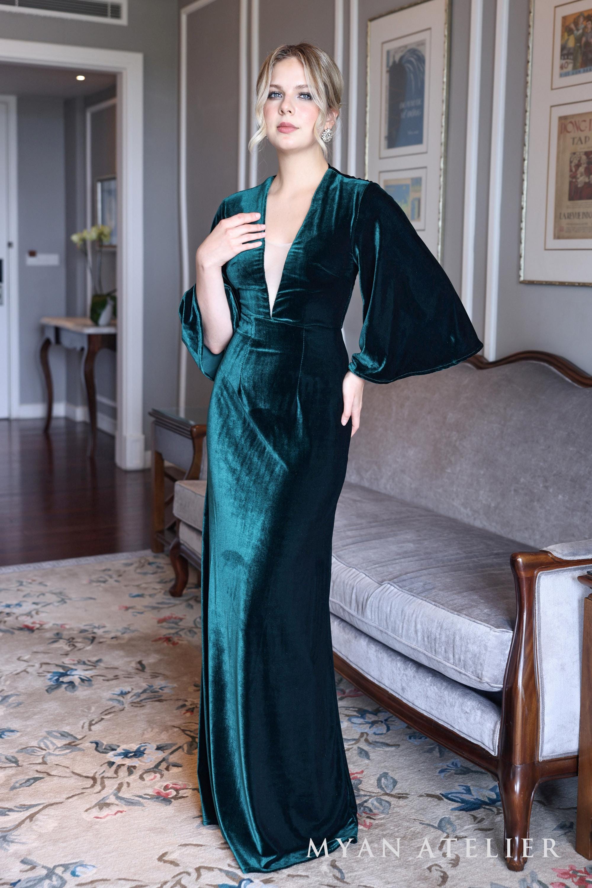 Bell Sleeve Velvet Dress EMRE, Deep V-neck Dress, Emerald Velvet