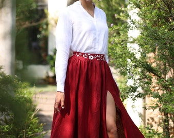 High slit skirt FLORA, Hand-embroidered linen skirt, Pleated linen skirt, Long linen skirt, Boho skirt, Custom skirt, Embroidered clothing