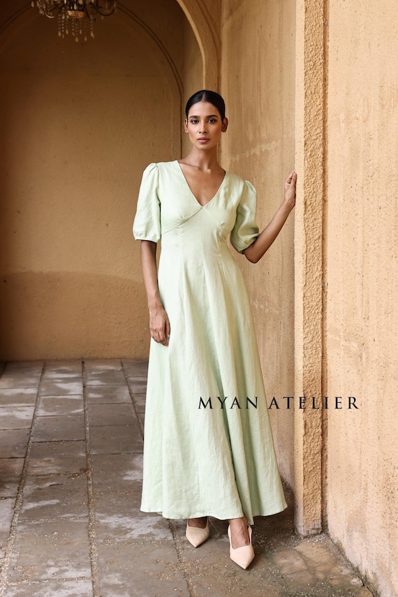 linen puff sleeve maxi dress Puff Sleeve Dress LUNEA, V-neckline Linen Dress, Custom fit