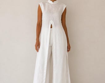 Conjunto de túnica de lino sin mangas y pantalón de pierna ancha – Conjunto de lino hecho a mano, top largo con abertura lateral, pantalón de lino de talle alto, hecho a medida