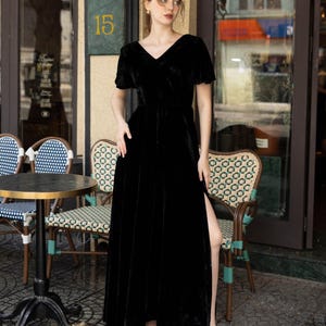 Velvet long dress with high slit MUSE, Short sleeve velvet dress, Elegant dress, Party dress, Custom dress, V neck velvet dress, Dress retro