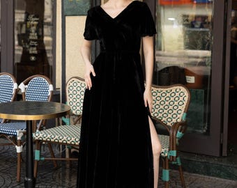 Velvet long dress with high slit MUSE, Short sleeve velvet dress, Elegant dress, Party dress, Custom dress, V neck velvet dress, Dress retro