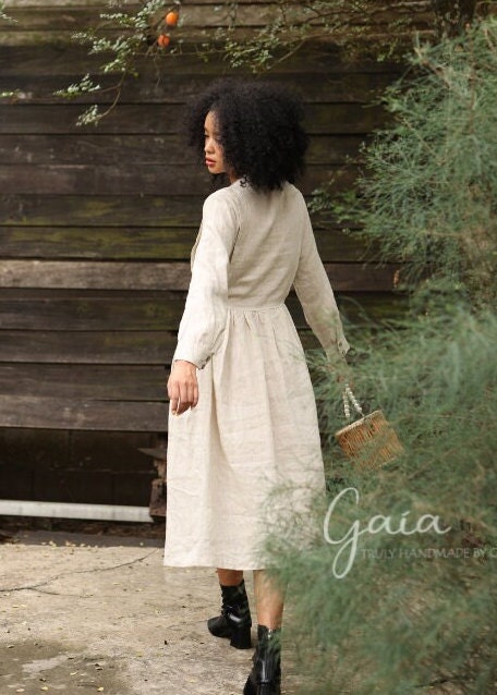 Hand Embroidered Crew Neck Linen Dress BASIA, Wedding Guest Dress, Custom fit Hand Embroidered Crew Neck Linen Dress BASIA, Wedding Guest Dress, Custom fit