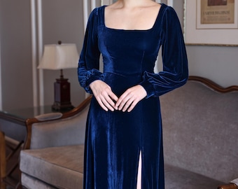 Velvet square neck dress BRIONA, Long sleeve velvet dress, Teal velvet dress, Evening gown, Prom dress, Velvet dress women, Custom dress