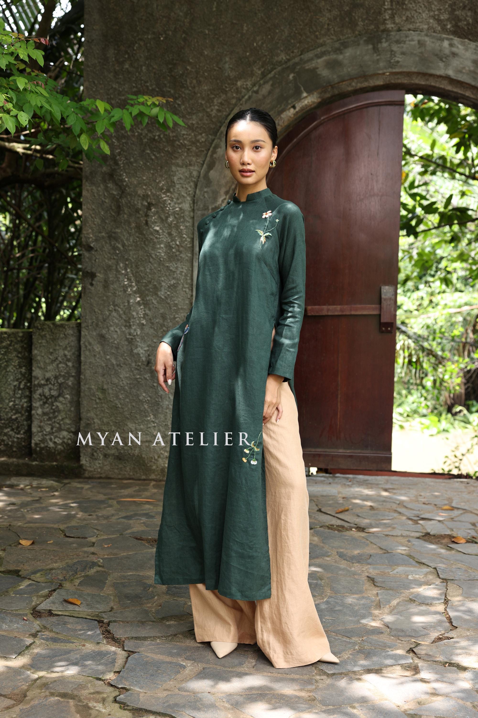 手刺繍入り長袖リネンチュニックトップス IONA、結婚式ゲストドレス