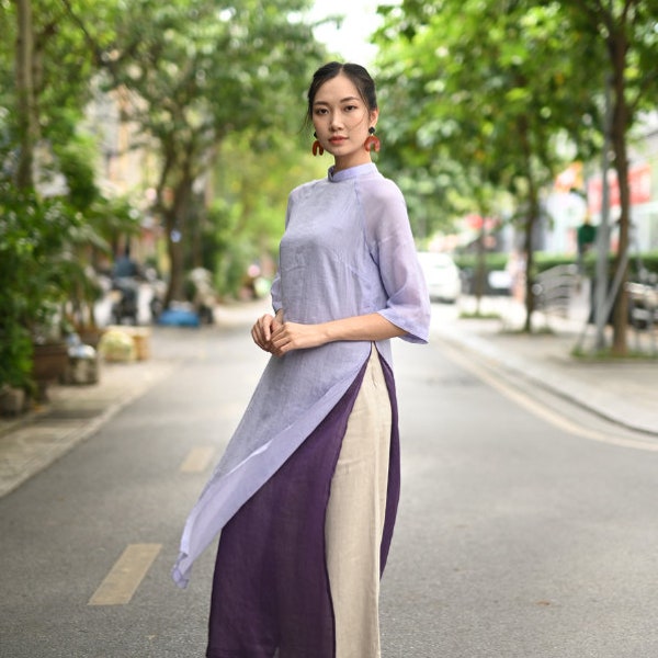 Double layer linen ao dai, Linen ao dai for women, Linen ao dai with pants, Modern linen ao dai women, Ao dai tunic dress, Vietnamese ao dai