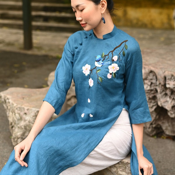 Blue linen ao dai women, Handmade embroidery ao dai, Ao dai cach tan, Ao dai women with pants, Plus size ao dai, Vietnamese tunic dress