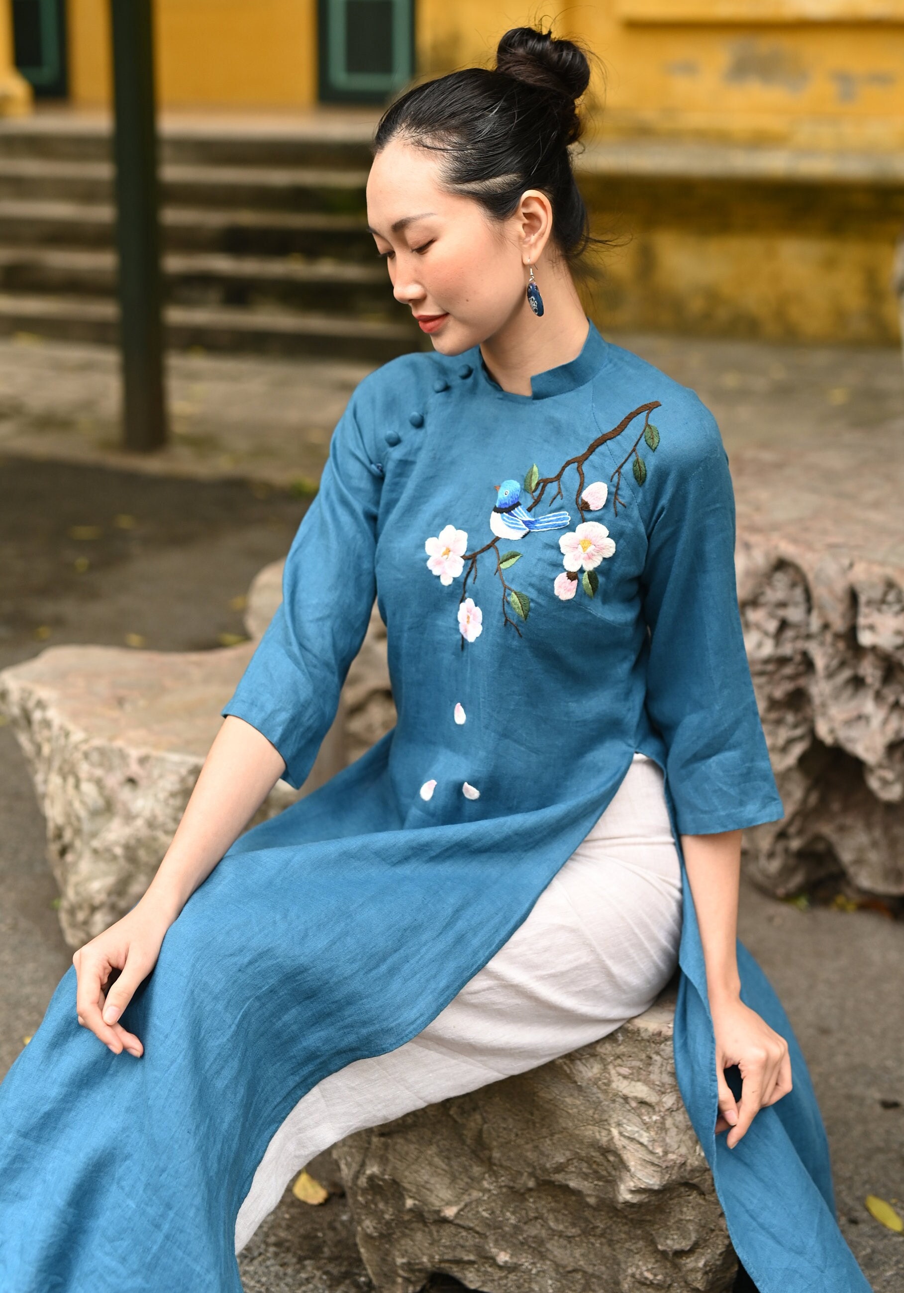 Blue Linen Ao Dai Women, Handmade Embroidery Linen Modern Ao Dai