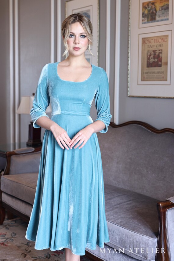 Modest Velvet Dress CYAN, Velvet Dress Cocktail, Bermuda Velvet Dress,  Evening Dress, Bridesmaid Dress, Velvet Dress Women, Custom Dress - Etsy