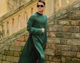 Green ao dai for men, Ao dai men modern in 60 colors, Linen ao dai tunic for men, Vietnamese dress men, Vietnamese traditional dress men